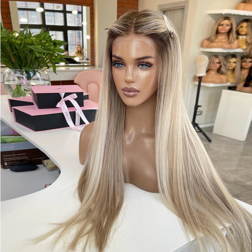 Ash Roots Blonde Ombre Human Hair Wigs Full Lace Wig Virgin Hair Pre Plucked Hairline HD 13x6 Lace Frontal Wig 150% Density