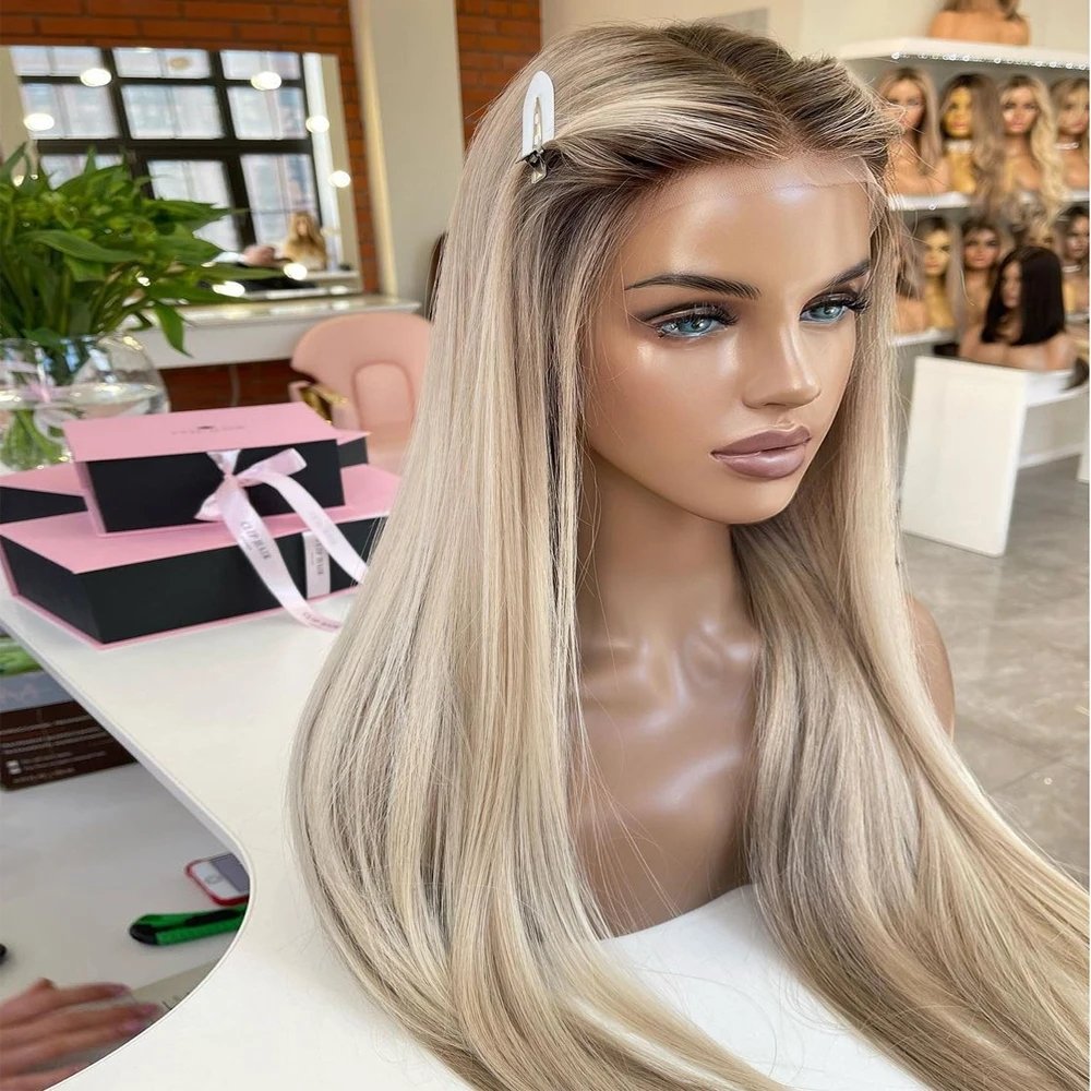 Ash Roots Blonde Ombre Human Hair Wigs Full Lace Wig Virgin Hair Pre Plucked Hairline HD 13x6 Lace Frontal Wig 150% Density