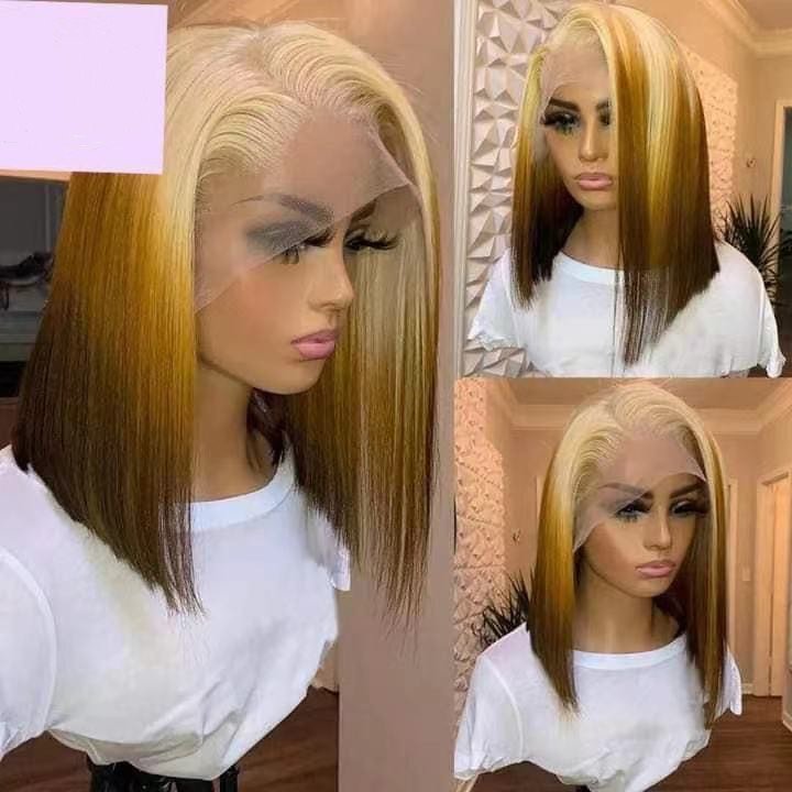 GL 613 Hot 12A Grade Ombre 3 Tone Yellow Color Short Bob Wig European Human Hair HD Swiss Lace Front Wigs