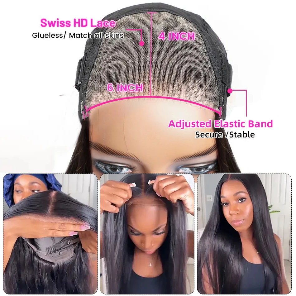 Glueless Pre Plucked Human Hair Wigs Ready To Wear And Go Wig,Bone Straight 6*4 HD Lace Glueless Human Hair Wig For Women