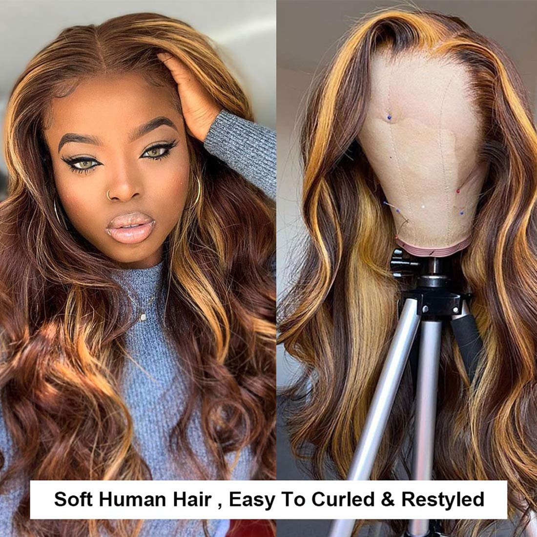 Brazilian Virgin Hair 4/27 Highlight Colored Lace Front Wig Human Hair HD Lace Front Gradient Color Wig Black Women