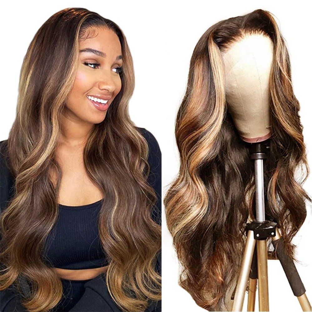 Brazilian Virgin Hair 4/27 Highlight Colored Lace Front Wig Human Hair HD Lace Front Gradient Color Wig Black Women