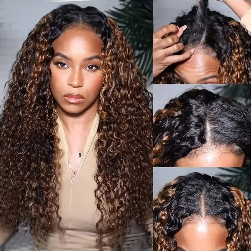 Hot Selling Glueless Ombre Color 1B/30 V Shape Human Hair Wigs Highlight V Part Wig Human Hair Curly Wig