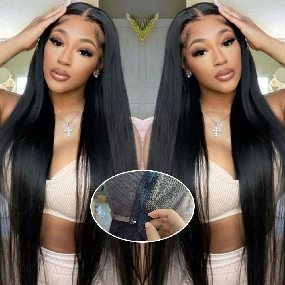 High Quality 13*4 Lace Block Zipper Replacements Front Wig Straight Human Hair Natural Black 180% Density Closure Wigs