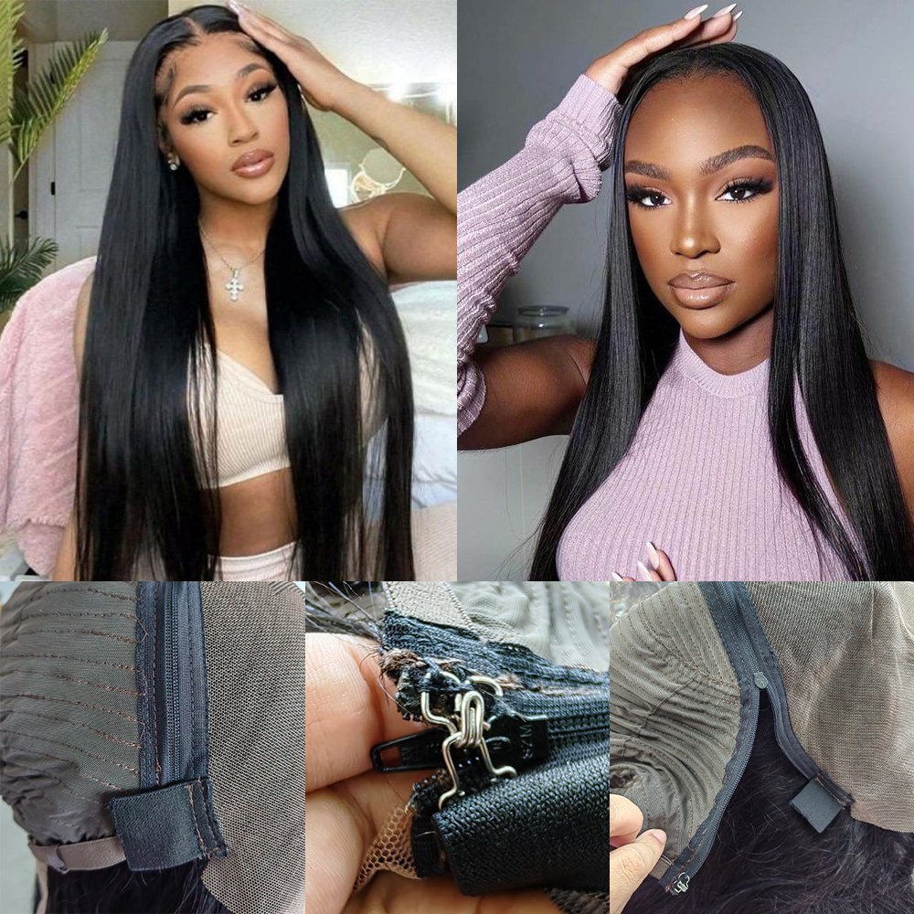 High Quality 13*4 Lace Block Zipper Replacements Front Wig Straight Human Hair Natural Black 180% Density Closure Wigs