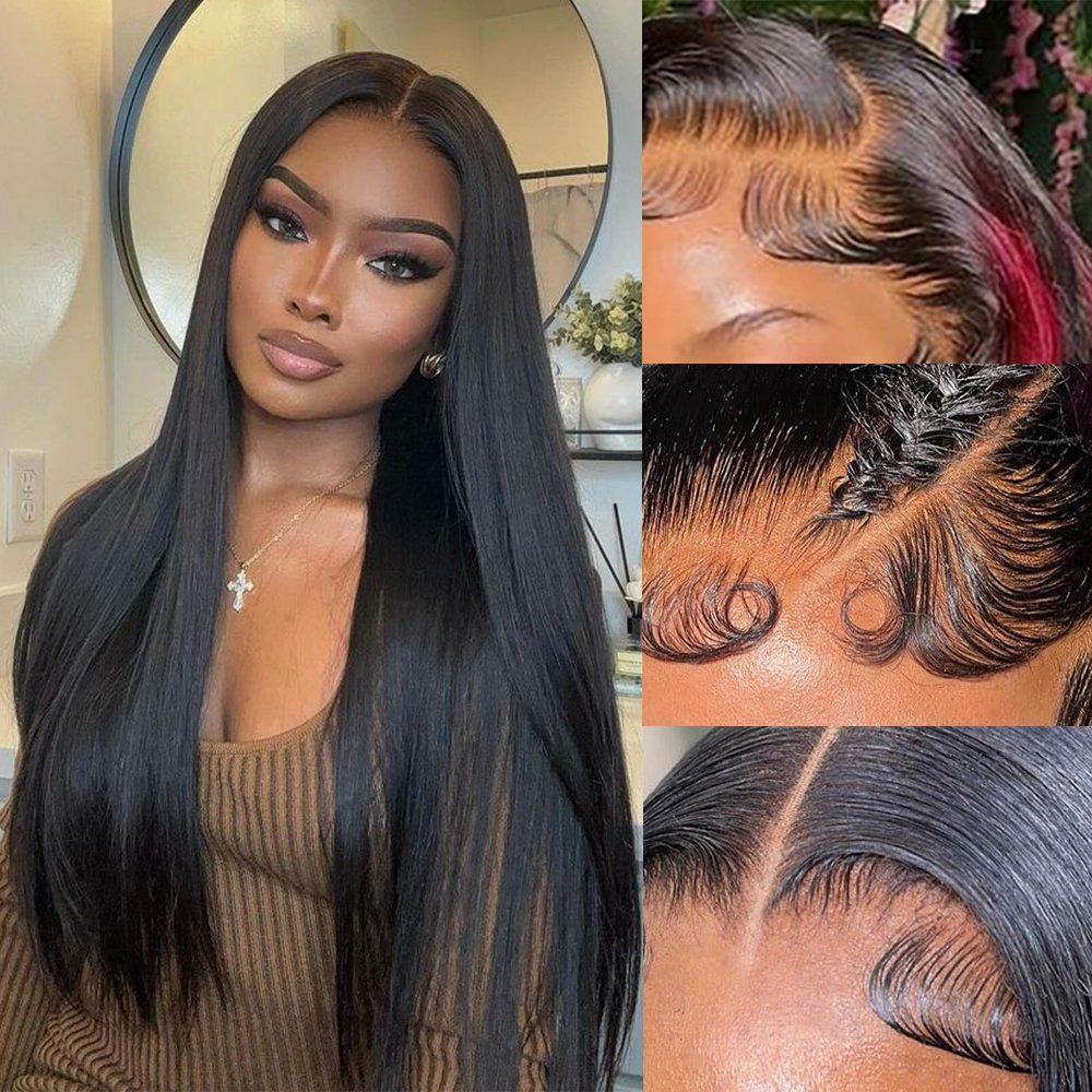 High Quality 13*4 Lace Block Zipper Replacements Front Wig Straight Human Hair Natural Black 180% Density Closure Wigs