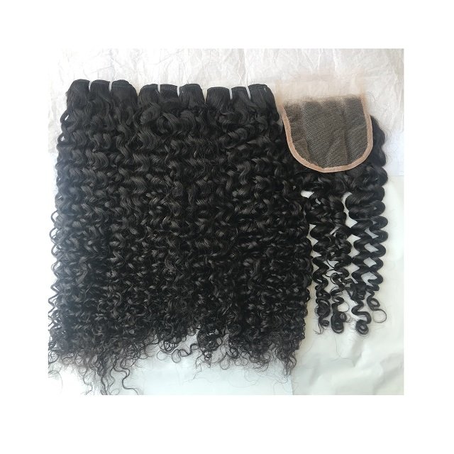Unprocessed Kinky Curly Human Hair Bundles With Closure 100% Natural Human Hair Weave Bundles Remy Hair Extensions Natural Black