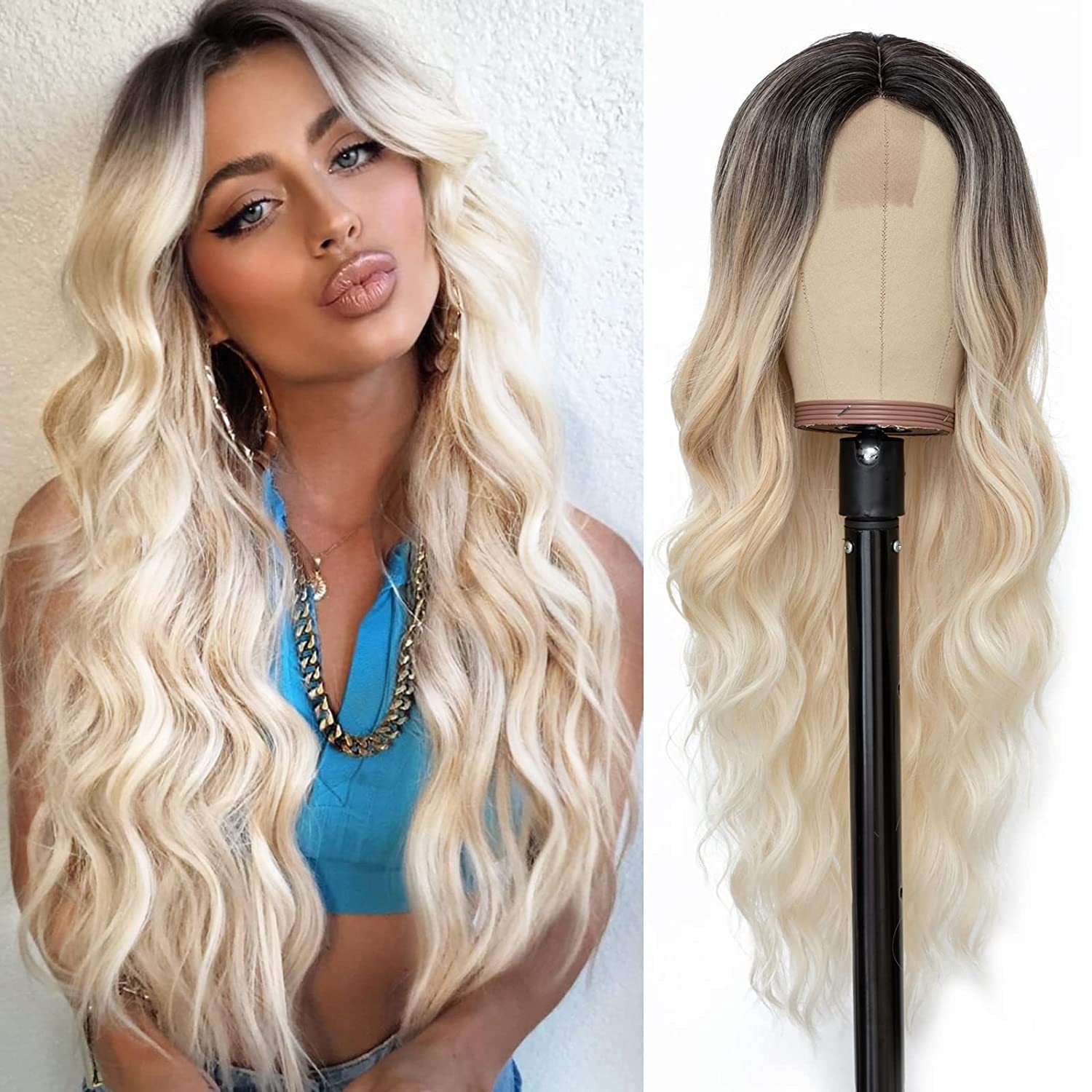 Ombre Blonde Wigs Long Loose Wave Synthetic Wigs For Women Heat Resistant Fiber Daily Brazilian Human Hair Wig