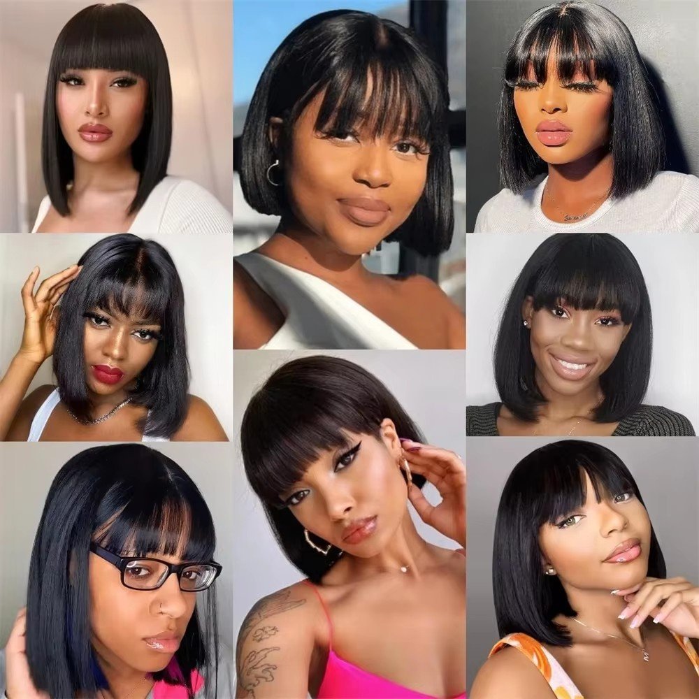 Cheap 3x1 HD Lace Middle Part Straight Human Hair Wigs With Bang Glueless Machine Made Short Bob Brazilian Virgin Human Hair Bob