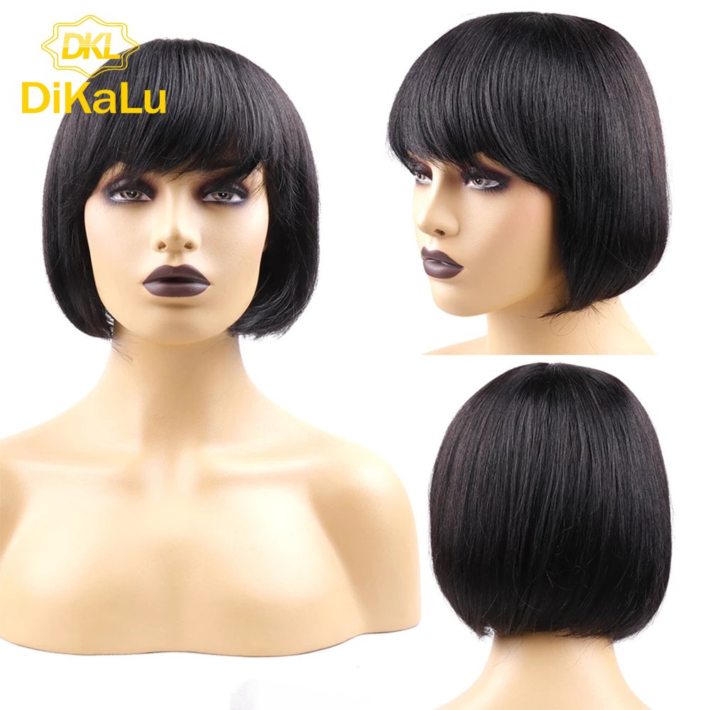 Cheap Human Hair Wigs with Bangs for Black Women, Straight Bob Wig with Bangs,Brazilian Full Machine Wigs Non Lace Wig For Women