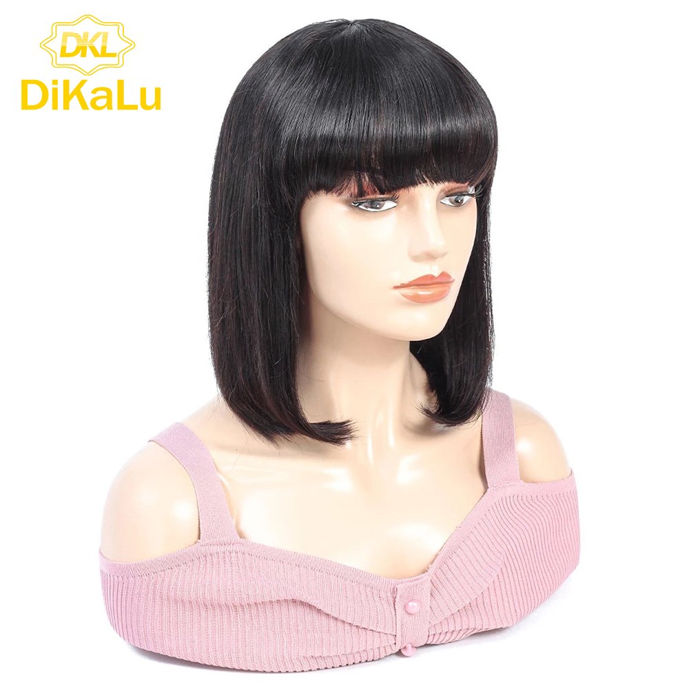 Cheap Human Hair Wigs with Bangs for Black Women, Straight Bob Wig with Bangs,Brazilian Full Machine Wigs Non Lace Wig For Women