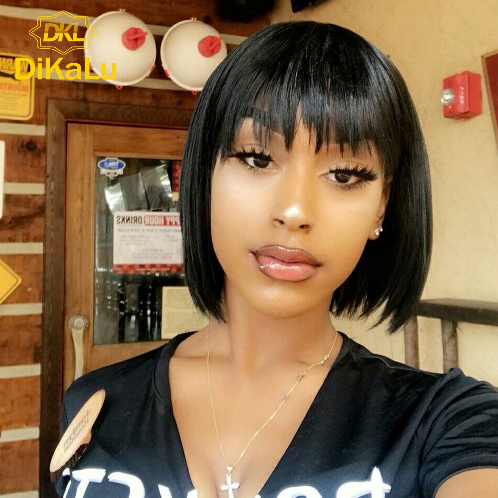 Cheap Human Hair Wigs with Bangs for Black Women, Straight Bob Wig with Bangs,Brazilian Full Machine Wigs Non Lace Wig For Women