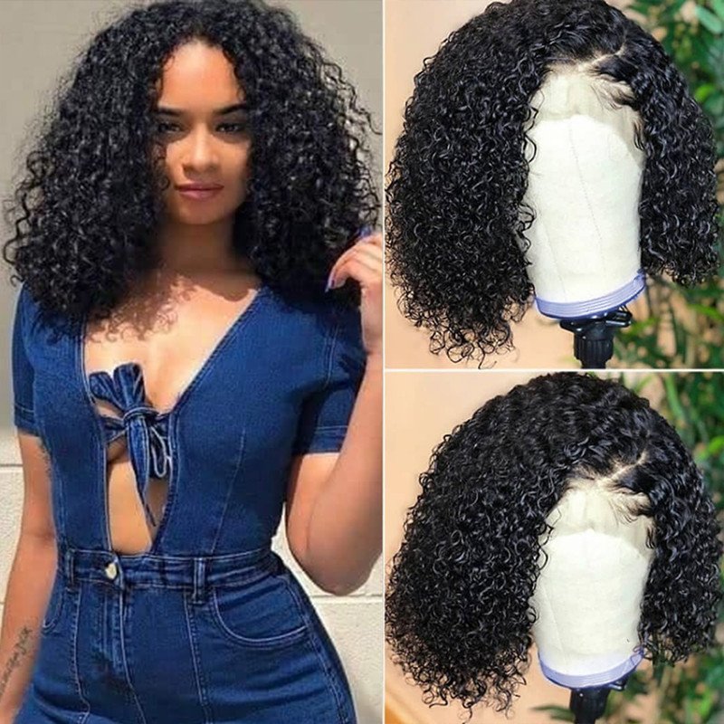 Wholesale Short Kinky 14 Inch Curly Lace Frontal Human Hair Wig Transparent Lace 180% Density Curly Bob Hair Wig