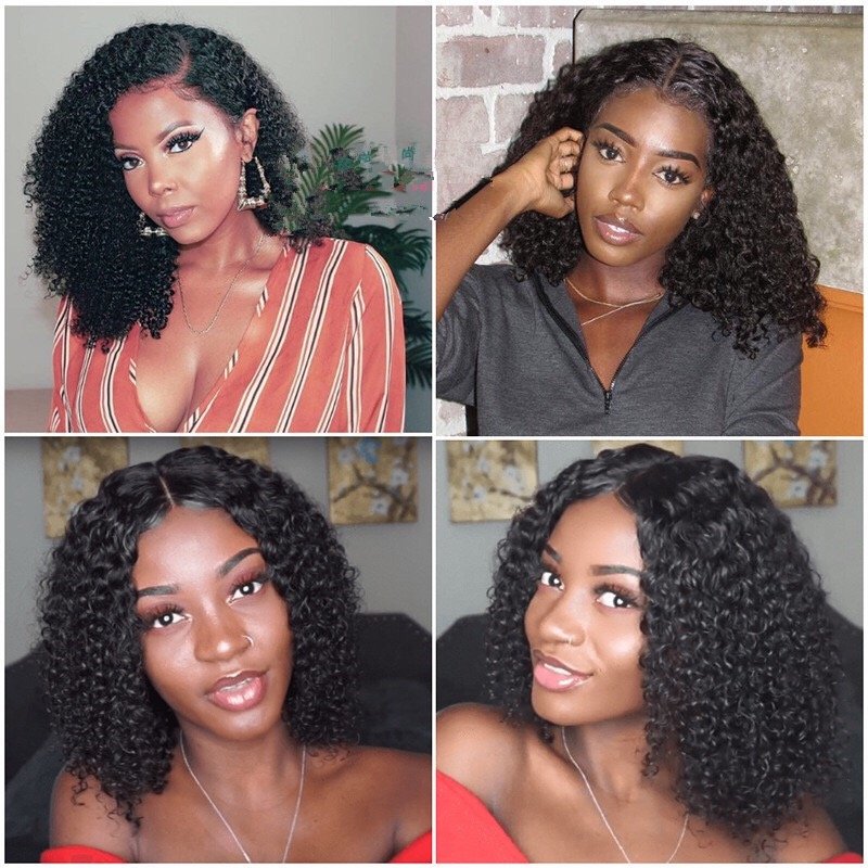 Wholesale Short Kinky 14 Inch Curly Lace Frontal Human Hair Wig Transparent Lace 180% Density Curly Bob Hair Wig