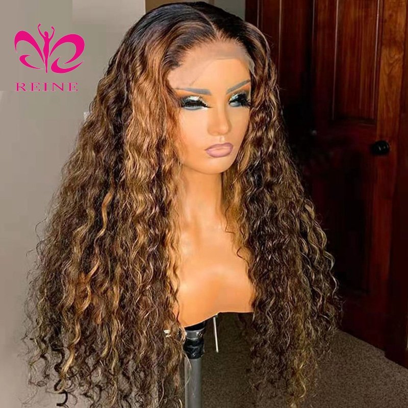 13x4 Lace Front Human Hair Wigs Curly Styles Frontal Lace Wig Highlight for Woman Preplucked Highlights Honey Blonde Ombre Brown