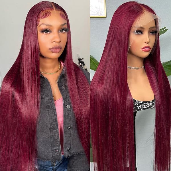 30 Inch 99j Burgundy Lace Front Wig Bone Straight Human Hair Wigs For Women Pre Plucked Colored Hd Transparent Lace Frontal Wig
