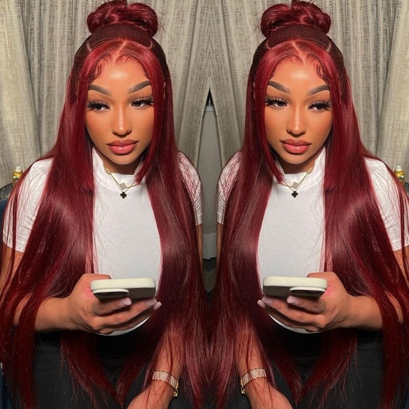 30 Inch 99j Burgundy Lace Front Wig Bone Straight Human Hair Wigs For Women Pre Plucked Colored Hd Transparent Lace Frontal Wig