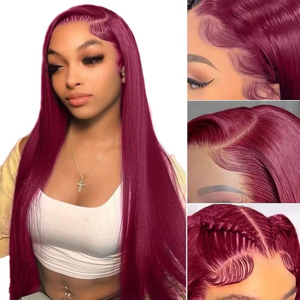 30 Inch 99j Burgundy Lace Front Wig Bone Straight Human Hair Wigs For Women Pre Plucked Colored Hd Transparent Lace Frontal Wig
