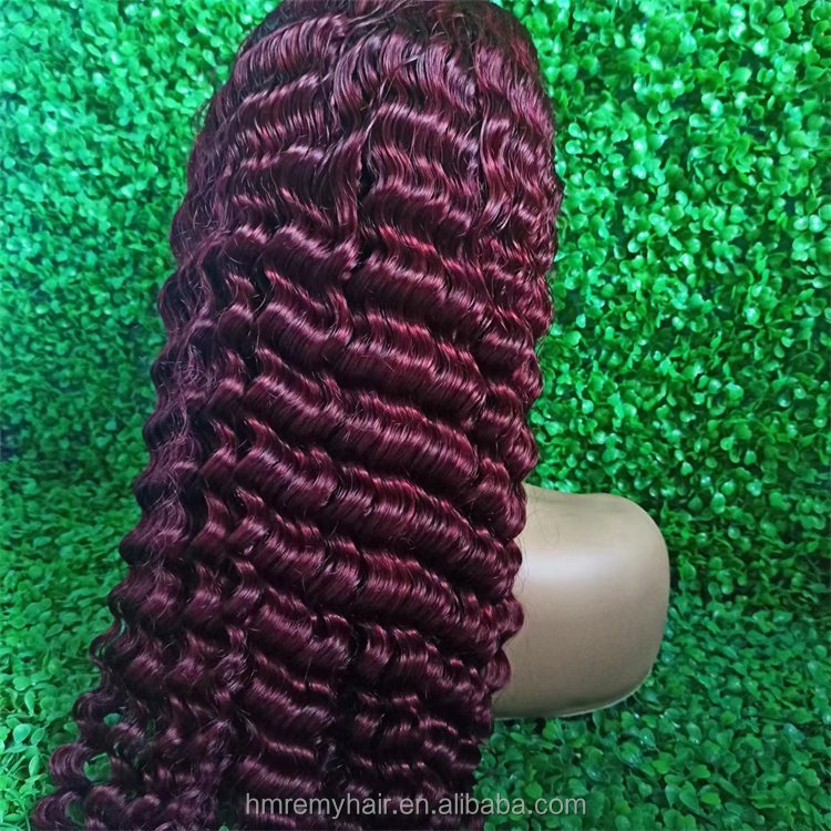 99J Burgundy Deep Wave Lace Front Human Hair Wigs 13x4 Transparent HD Lace Frontal Wig 180% Red Colored Curly Human Hair Wigs