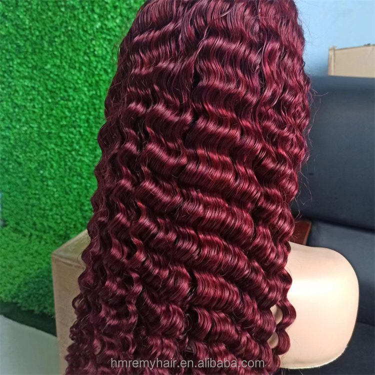 99J Burgundy Deep Wave Lace Front Human Hair Wigs 13x4 Transparent HD Lace Frontal Wig 180% Red Colored Curly Human Hair Wigs