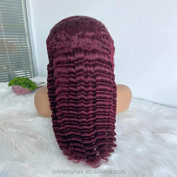 99J Burgundy Deep Wave Lace Front Human Hair Wigs 13x4 Transparent HD Lace Frontal Wig 180% Red Colored Curly Human Hair Wigs