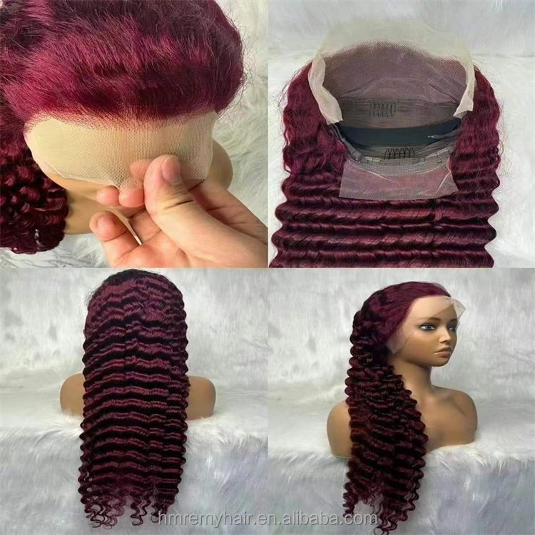 99J Burgundy Deep Wave Lace Front Human Hair Wigs 13x4 Transparent HD Lace Frontal Wig 180% Red Colored Curly Human Hair Wigs