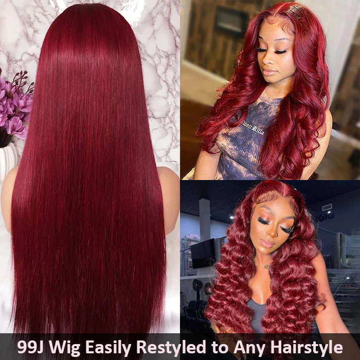 Burgundy Straight Full Lace Human Hair Wigs with Baby Hair 99J Colored Hd Lace Frontal Wigs For Black Women 360 Lace Front Wigs