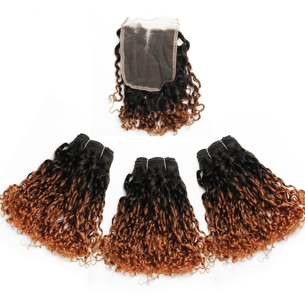 Ombre Hair Bundles Pixie Curly Human Hair Bundles With Closure Hair Extensions