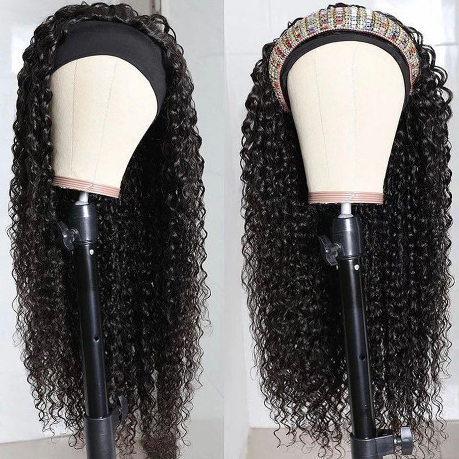 Human Hair Wig with Long Curly Deep Waves Iace Silk Bone Straight Headband Small to Large Cap Sizes-Remy Hair for Black Woman