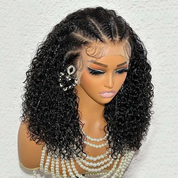Triangle Knotless Box Braided Frontal Short Bob Wigs Kinky Curly Braid Lace Front Human Hair Wig For Women