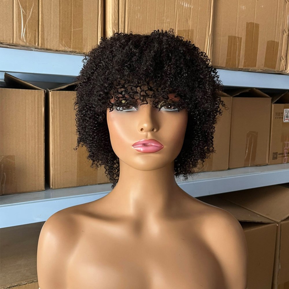 Short Curly Afro Kinky Curly Human Hair Wig With Thick Bang 210% Density Machine Made Short Afro Wigs For Women Glueless Cheap