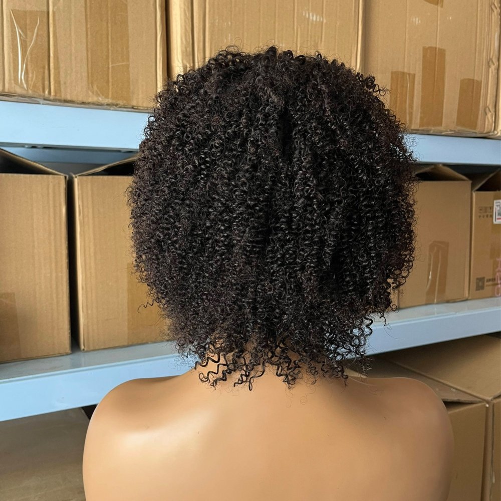 Short Curly Afro Kinky Curly Human Hair Wig With Thick Bang 210% Density Machine Made Short Afro Wigs For Women Glueless Cheap