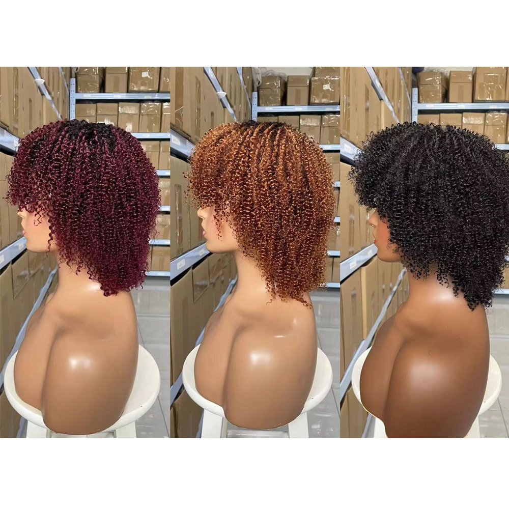 Short Curly Afro Kinky Curly Human Hair Wig With Thick Bang 210% Density Machine Made Short Afro Wigs For Women Glueless Cheap