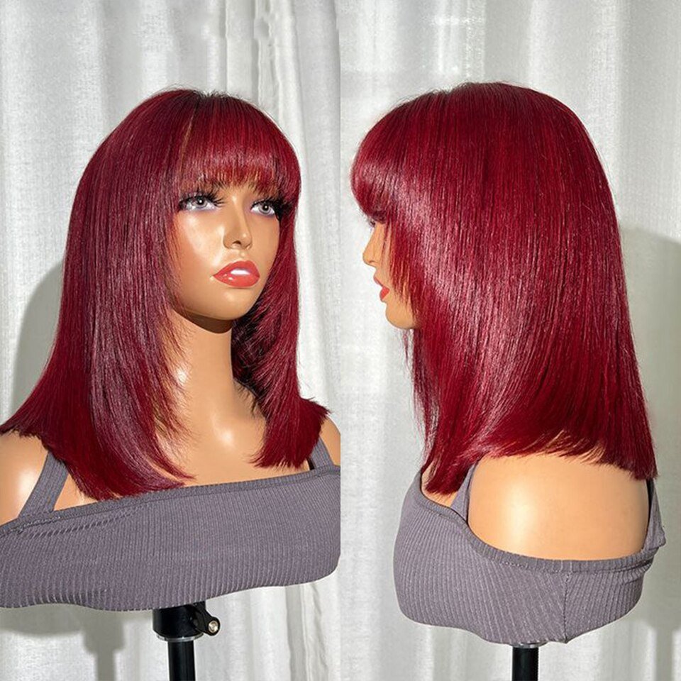 Remy Full Machine Made Glueless Bob 99J Red Bob Wig With Bangs Straight Hair Bob Wigs Brazilian Human Hair Wig