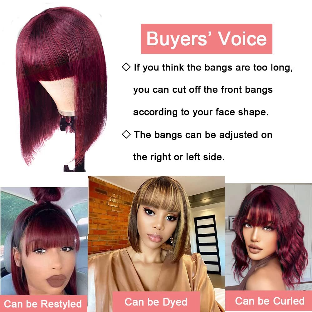Remy Full Machine Made Glueless Bob 99J Red Bob Wig With Bangs Straight Hair Bob Wigs Brazilian Human Hair Wig
