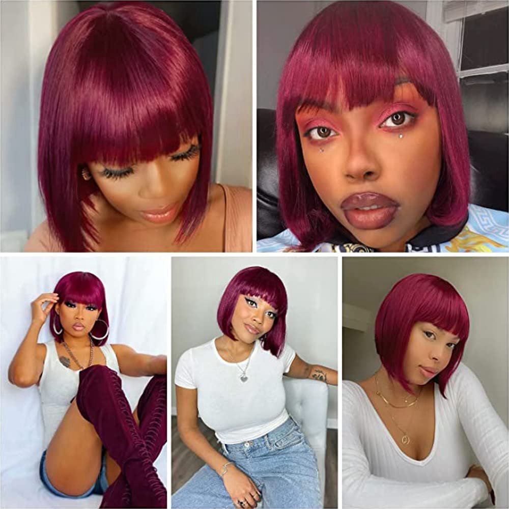 Remy Full Machine Made Glueless Bob 99J Red Bob Wig With Bangs Straight Hair Bob Wigs Brazilian Human Hair Wig