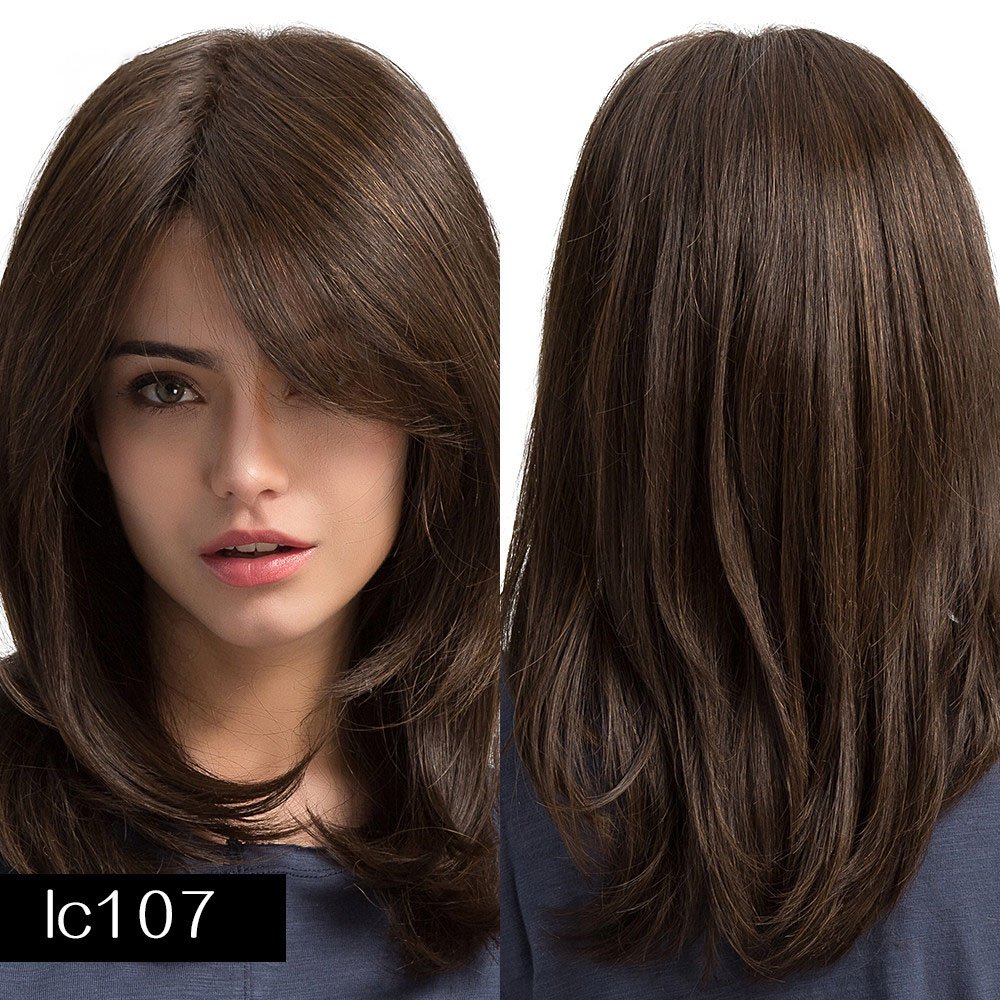 Party Daily Human Hair Wig for Women Dark Brown 14 Inch Long Wavy Wigs with Bangs Heat Resistant Fiber Synthetic Hair Wig