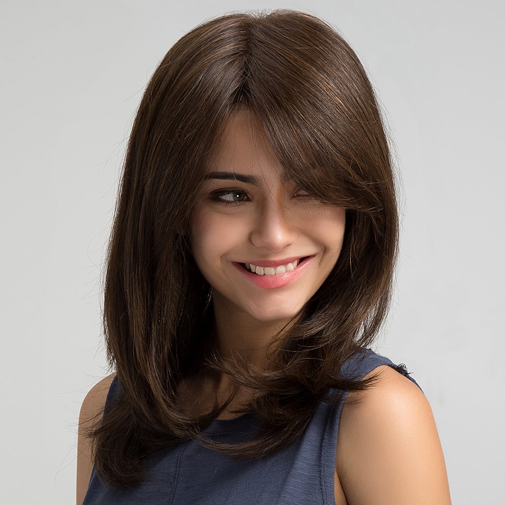 Party Daily Human Hair Wig for Women Dark Brown 14 Inch Long Wavy Wigs with Bangs Heat Resistant Fiber Synthetic Hair Wig