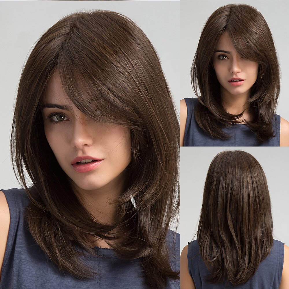 Party Daily Human Hair Wig for Women Dark Brown 14 Inch Long Wavy Wigs with Bangs Heat Resistant Fiber Synthetic Hair Wig
