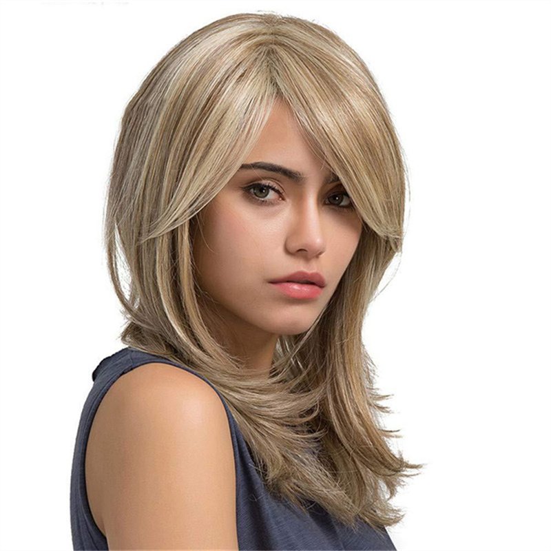 Party Daily Human Hair Wig for Women Dark Brown 14 Inch Long Wavy Wigs with Bangs Heat Resistant Fiber Synthetic Hair Wig