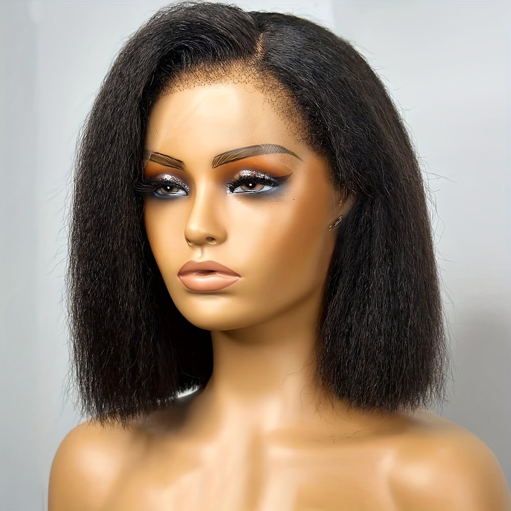 250% Density Short Bob Wig Kinky Straight Front Lace Wig 13*4 Lace Front Yaki Straight Human Hair Wigs For Women