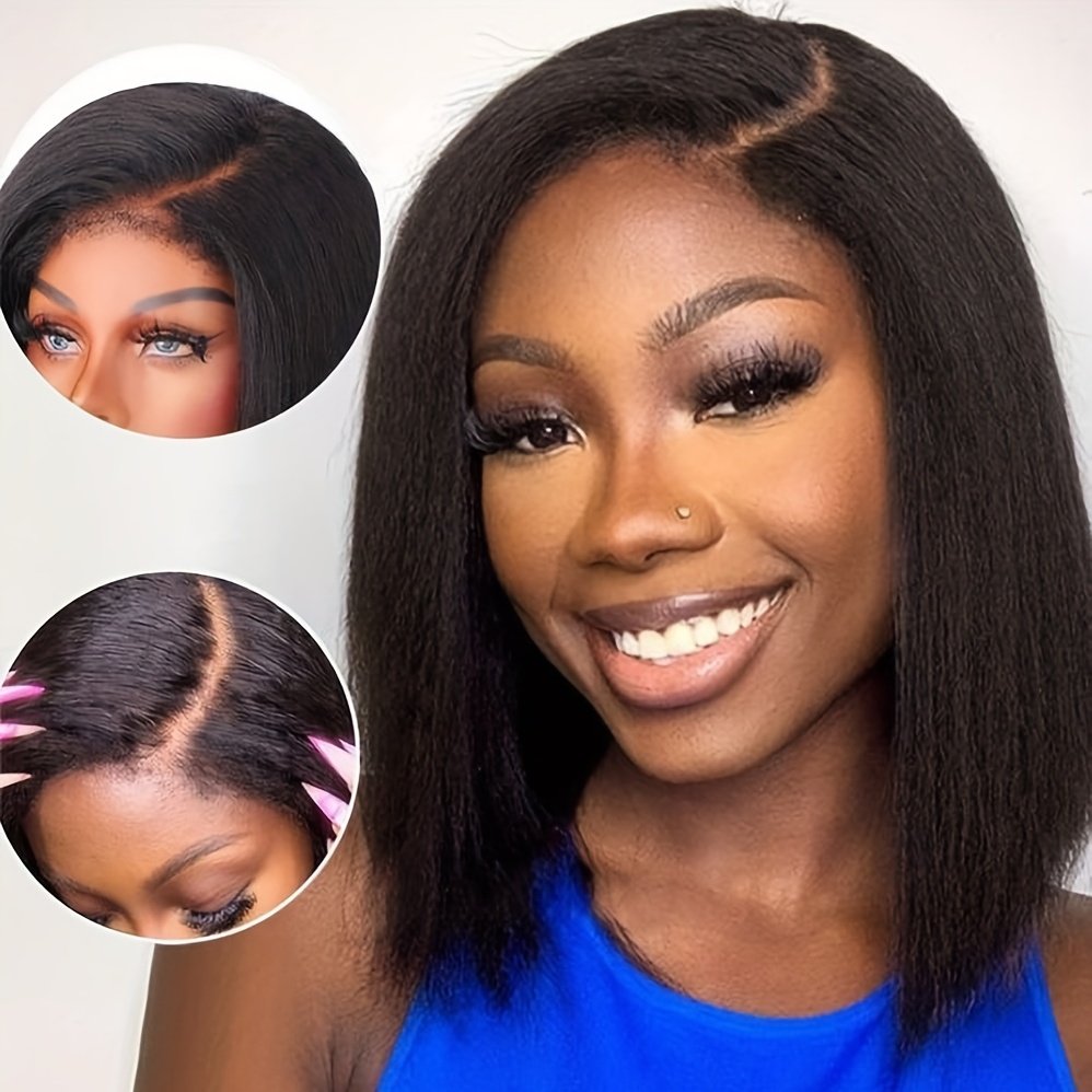 250% Density Short Bob Wig Kinky Straight Front Lace Wig 13*4 Lace Front Yaki Straight Human Hair Wigs For Women