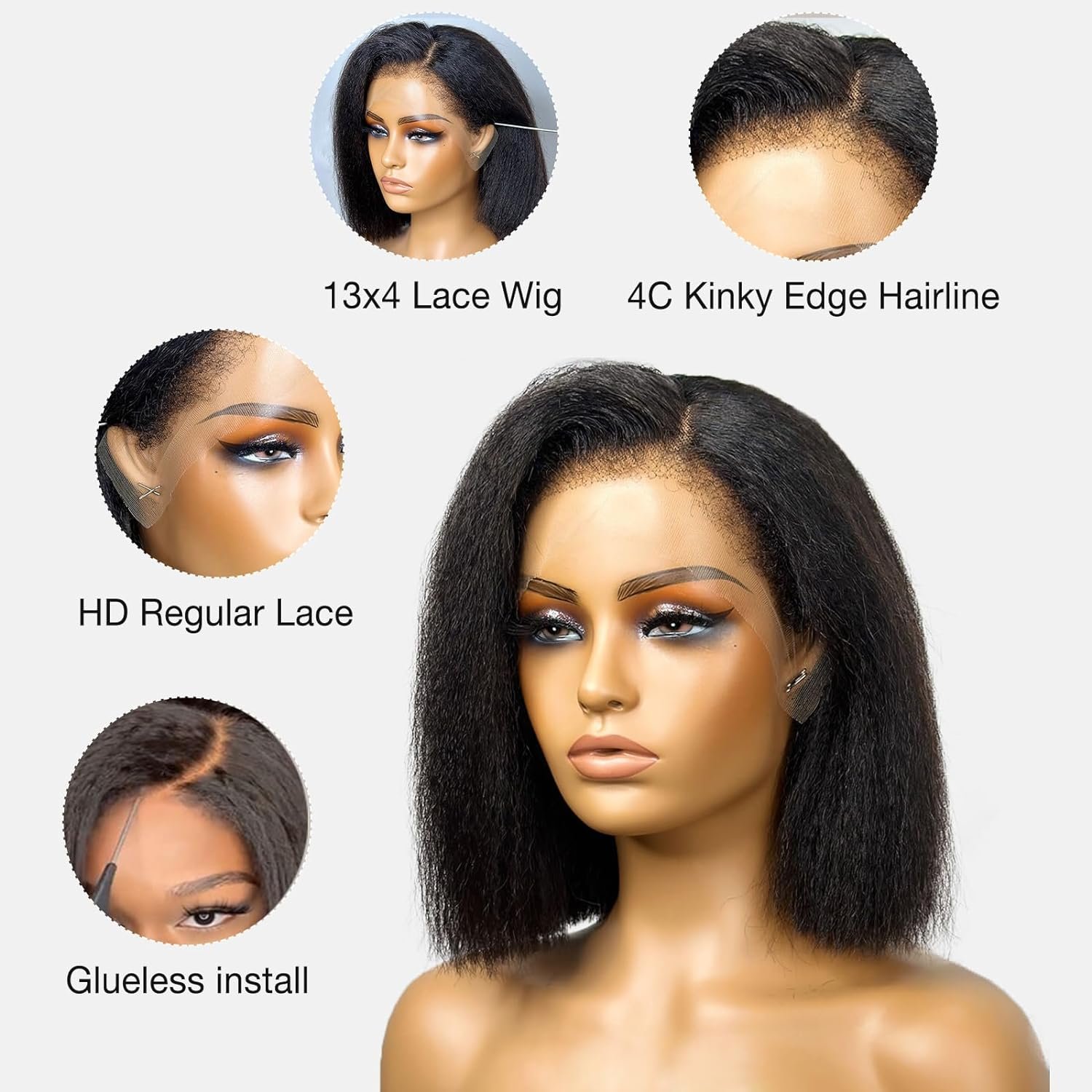 250% Density Short Bob Wig Kinky Straight Front Lace Wig 13*4 Lace Front Yaki Straight Human Hair Wigs For Women