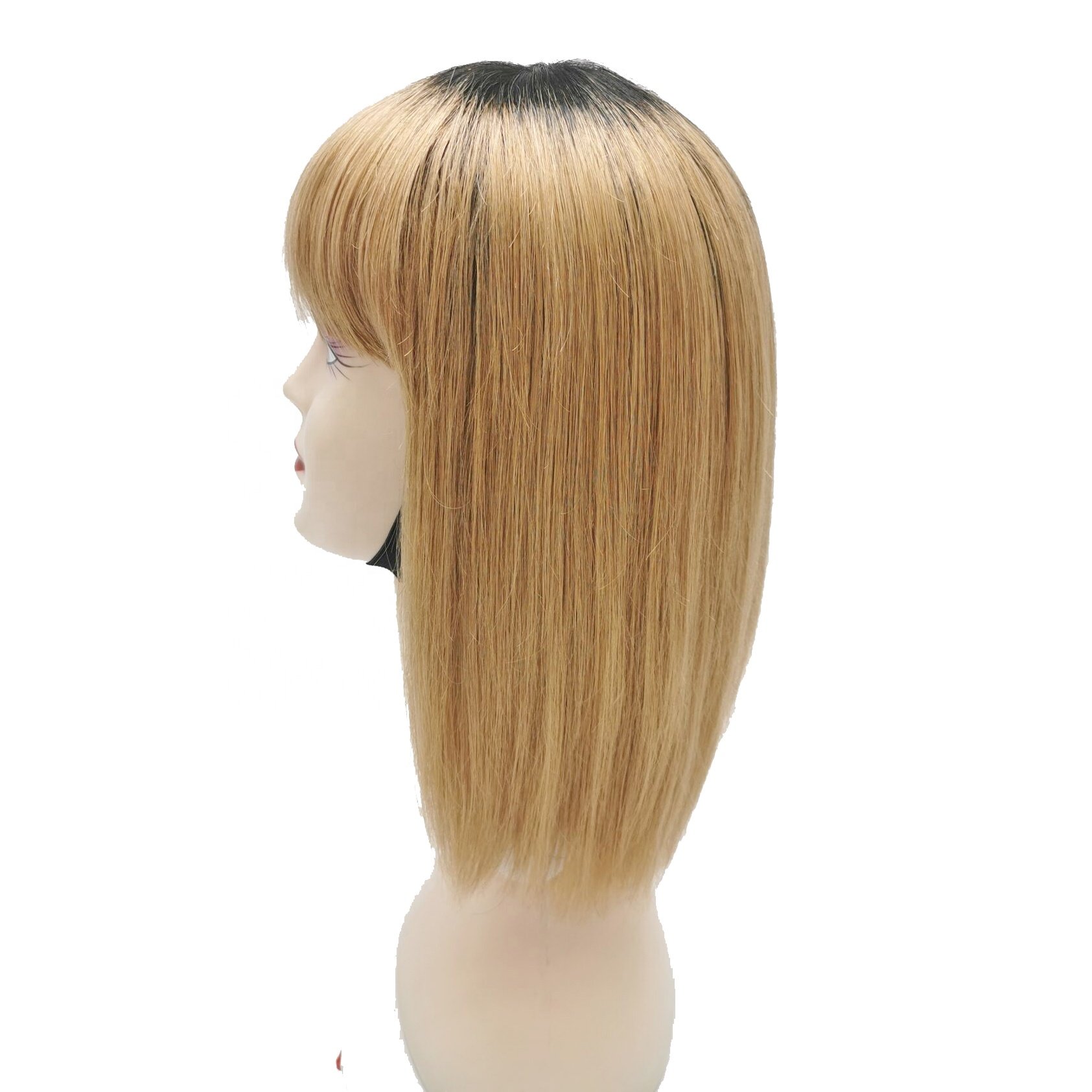 XMH Ombre Blonde Human Hair Wig with Bangs Honey Blonde Wigs with Natural Black Roots 1B/27 Two Toned Glueless Wigs for Women