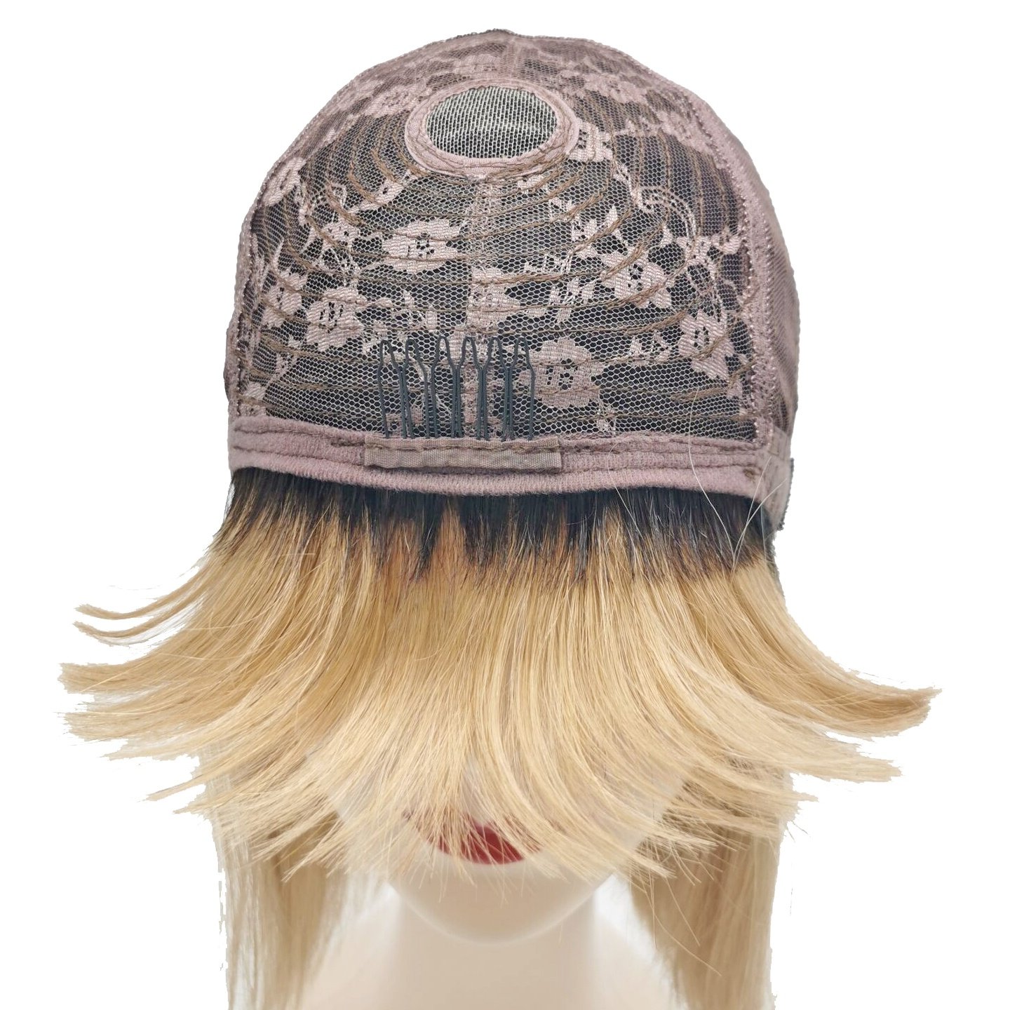 XMH Ombre Blonde Human Hair Wig with Bangs Honey Blonde Wigs with Natural Black Roots 1B/27 Two Toned Glueless Wigs for Women