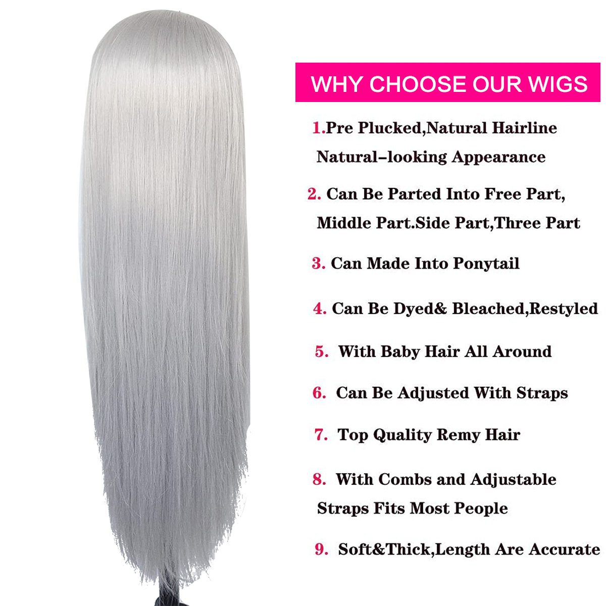 Grey Color 13*4 Lace Frontal Human Hair Wigs Pre Plucked Raw Virgin Hair Gluesless Silk Straight Lace Closure Wigs for Woman