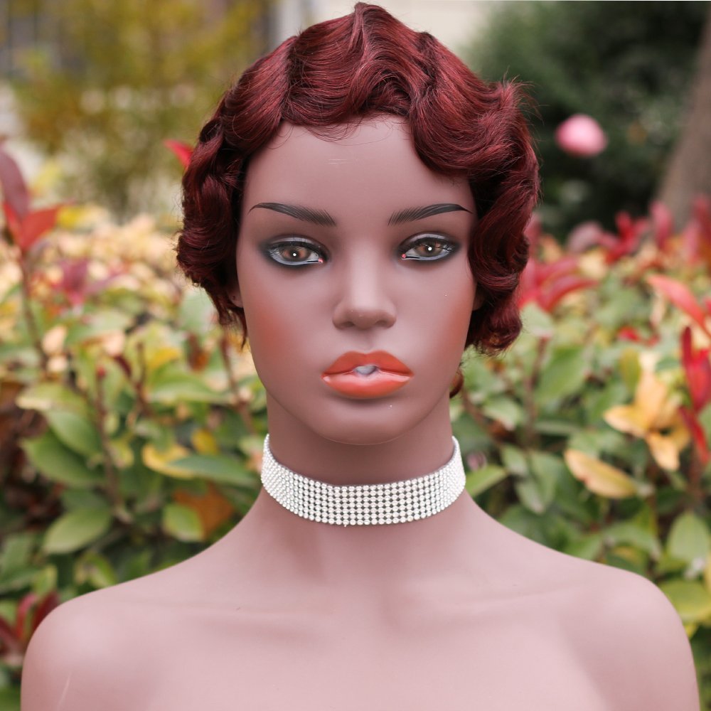 Vigorous Short Curly Cute Glueless Nuna Wigs Pixie Wigs for Women Finger Wave Human Hair Wig Wine Red