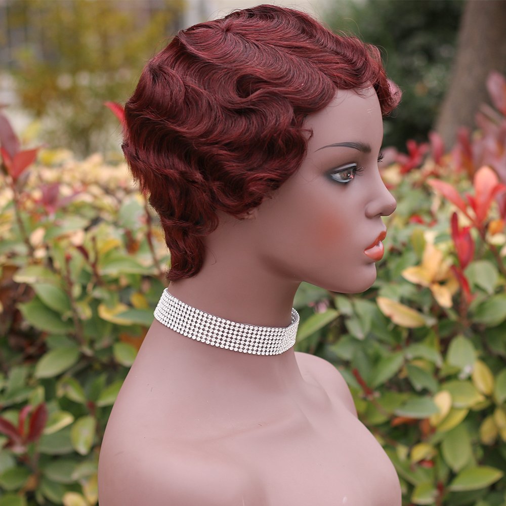 Vigorous Short Curly Cute Glueless Nuna Wigs Pixie Wigs for Women Finger Wave Human Hair Wig Wine Red