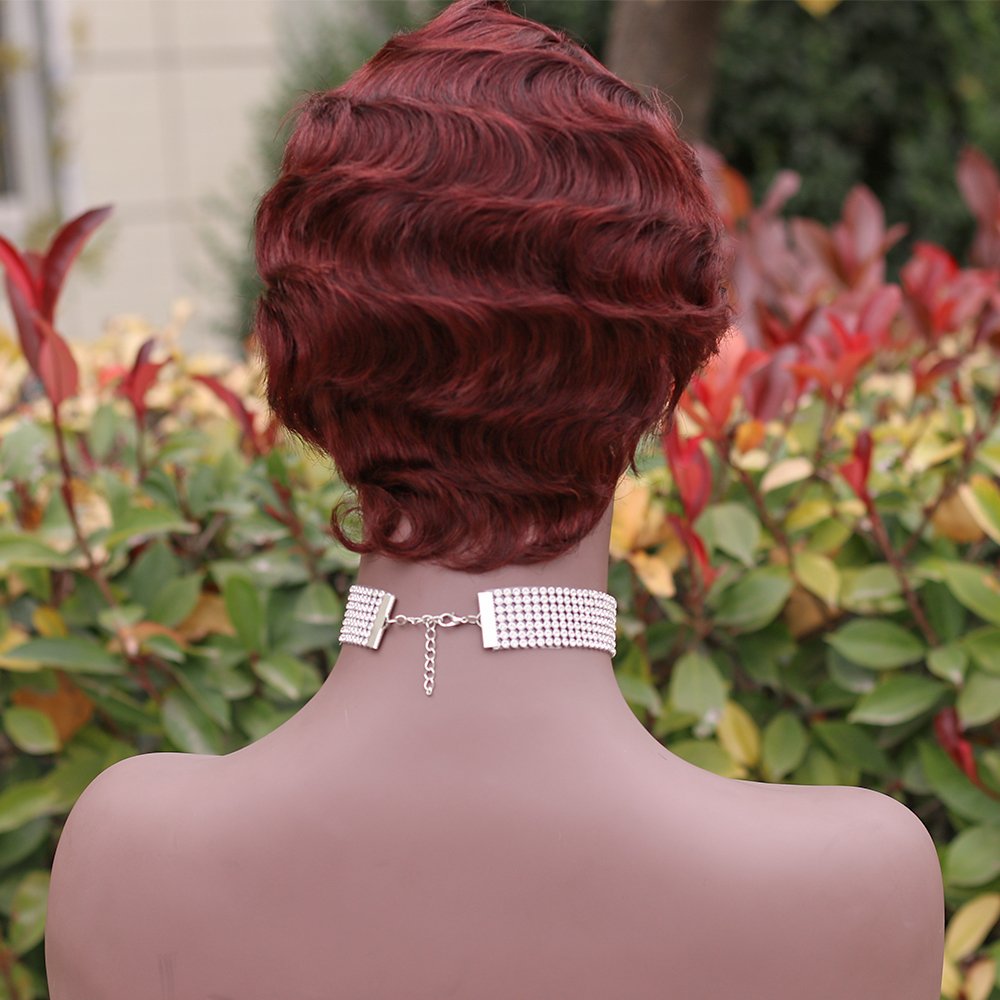 Vigorous Short Curly Cute Glueless Nuna Wigs Pixie Wigs for Women Finger Wave Human Hair Wig Wine Red