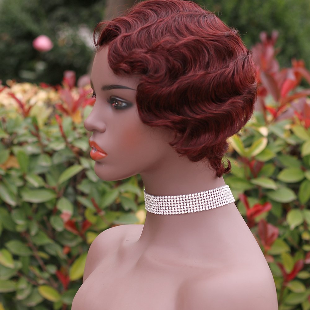 Vigorous Short Curly Cute Glueless Nuna Wigs Pixie Wigs for Women Finger Wave Human Hair Wig Wine Red
